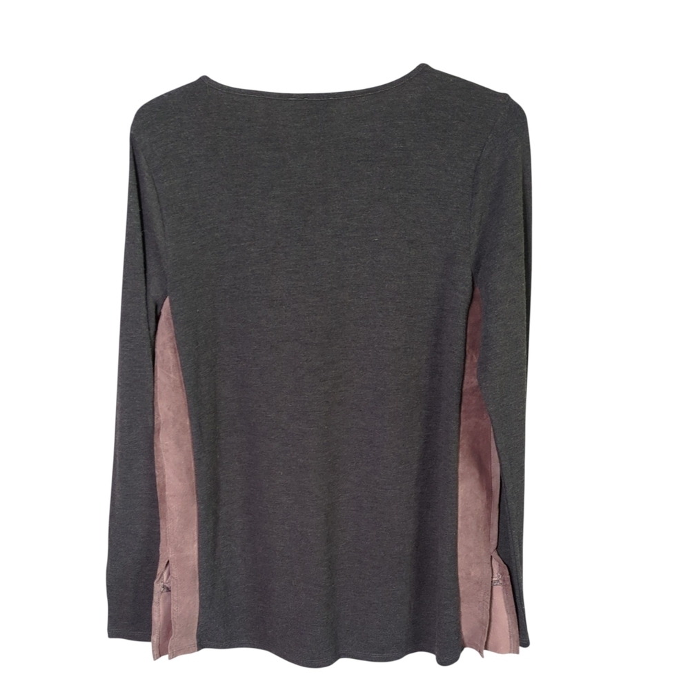 Ecru Leather Accent V Neck Gray Long Sleeve shirt Size Small - Picture 2 of 7